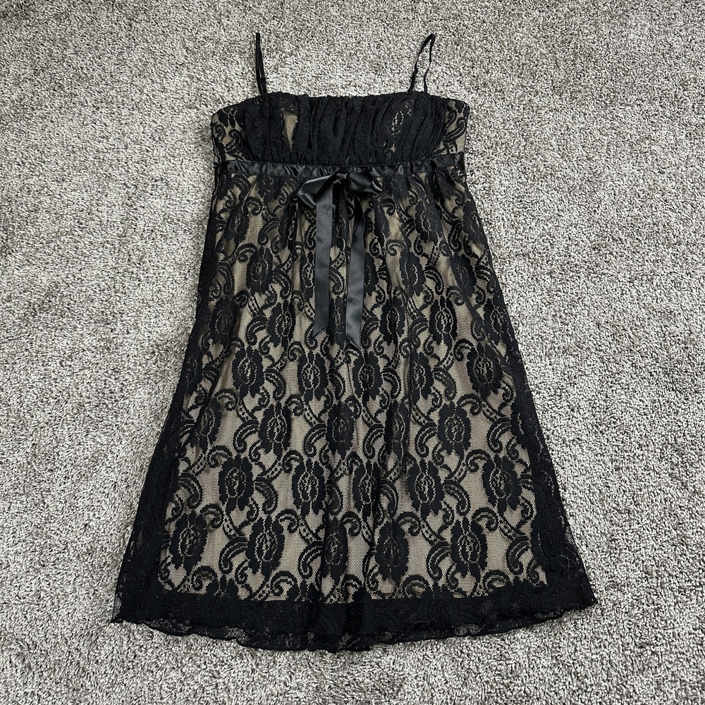 VTG Y2K Babydoll Dress Womens S Lace Overlay Bow‎ Sheer Dark Coquette Whimsygoth
